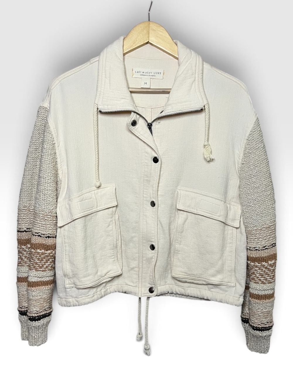 NEW Saltwater LUXE Cream Oversized Mixed-Knit Jacket with Patterned Sleeves M